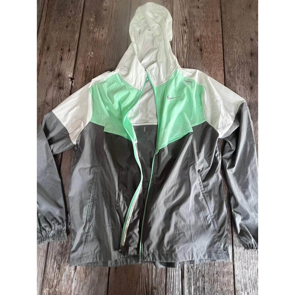 Nike Running Windbreaker Jacket Mens Medium Hooded Colorblock Grey Green White